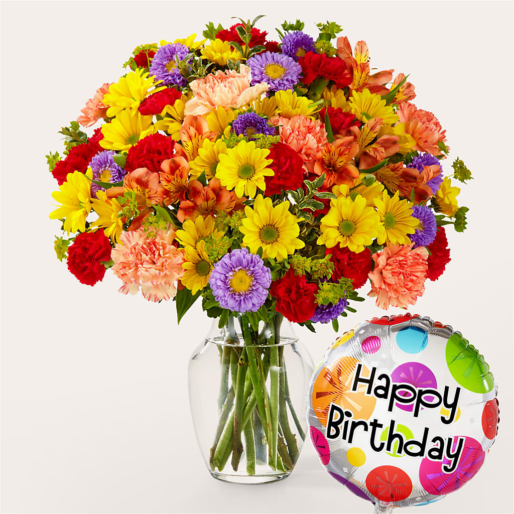 Kaleidoscope Bouquet with Birthday Balloon – Linda Floral, Burlington NC