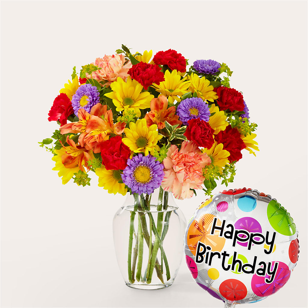 Kaleidoscope Bouquet with Birthday Balloon – Linda Floral, Burlington NC